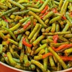 Green Beans with Garlic and Roasted Red Peppers in a pan