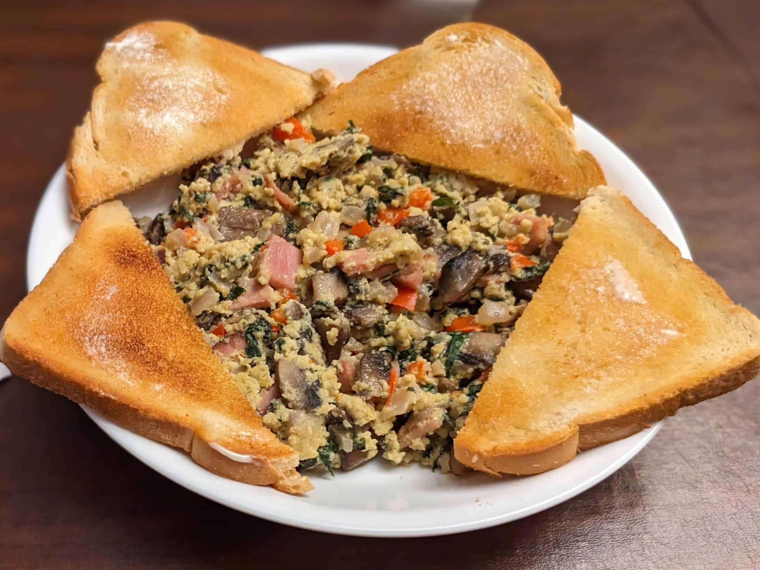 Ham Vegetable Chevre Breakfast Scramble plated with keto toast