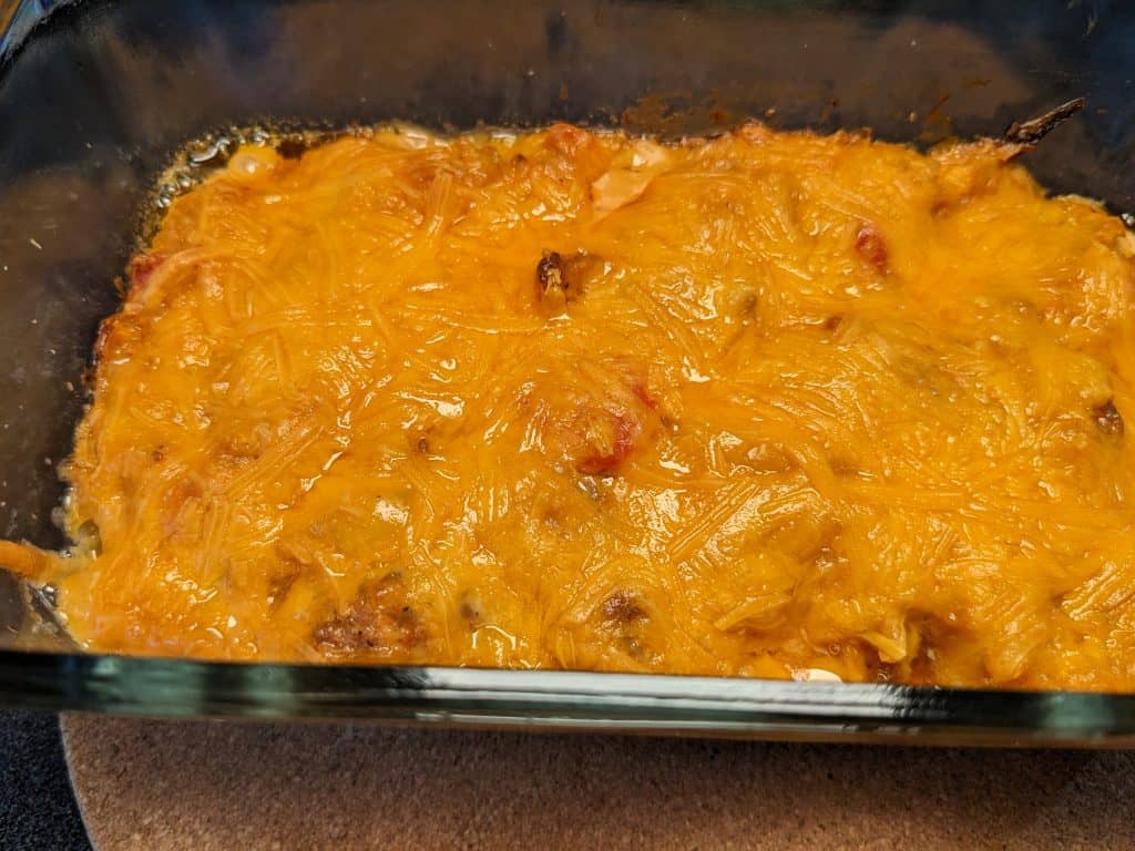 Finished Chicken and Cauliflower Rice Fajita Casserole in Casserole Dish