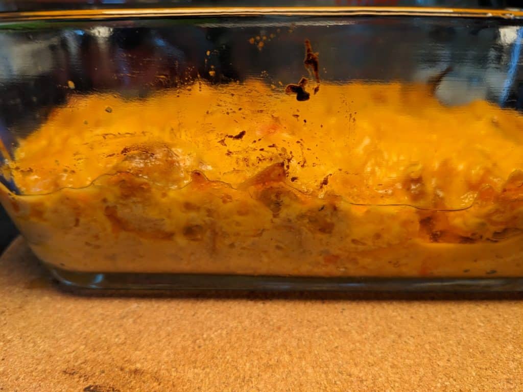 Finished Chicken and Cauliflower Rice Fajita Casserole in Casserole Dish - From the side