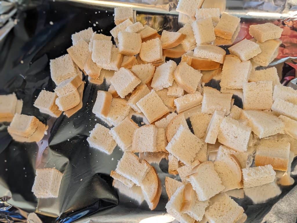 Cubed Bread on Rimmed Baking Sheet