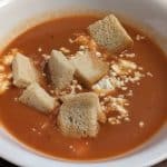 Chilled Tomato and Sweet Pepper Soup with Keto Croutons and Feta in bowl