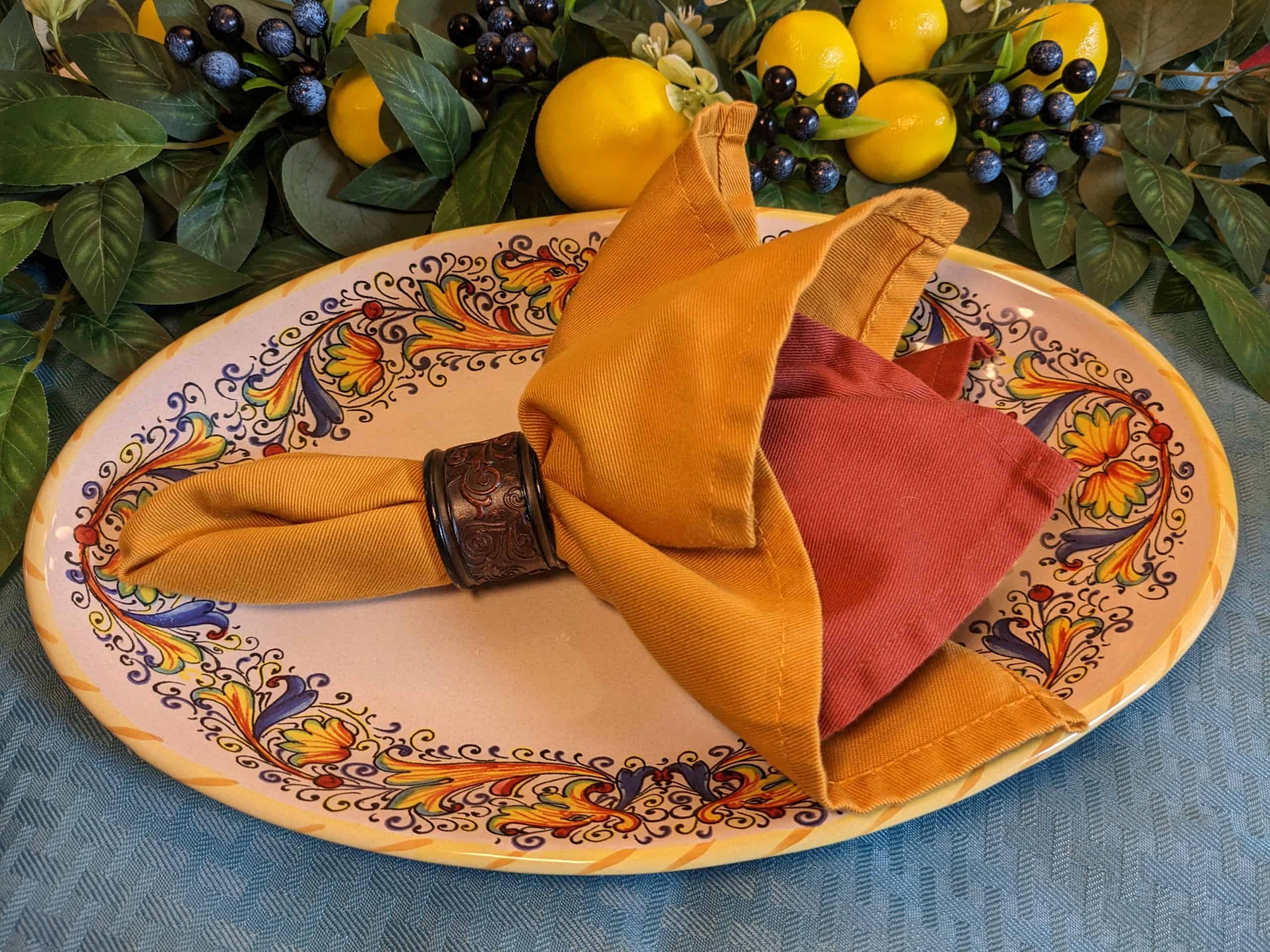 Italian Deruto style serving dish with napkin in napkin ring