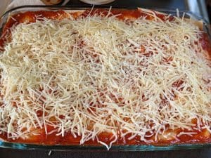 Easy Low Carb Lasagna in casserole dish ready to bake