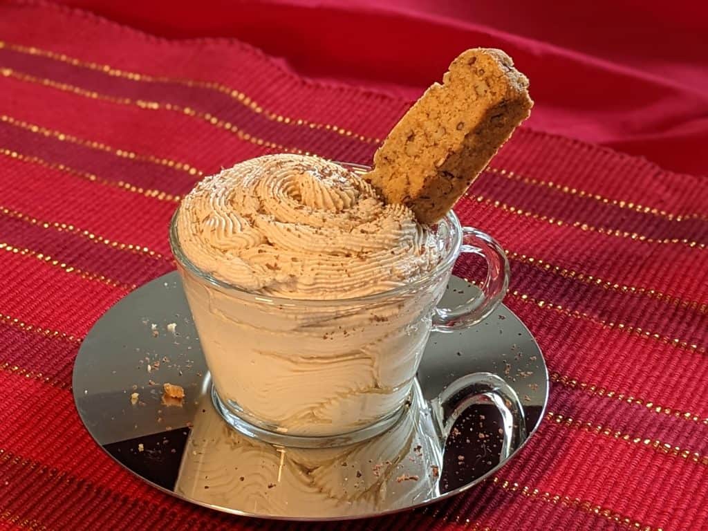 Espresso Mousse in cappuccino cup with biscotti
