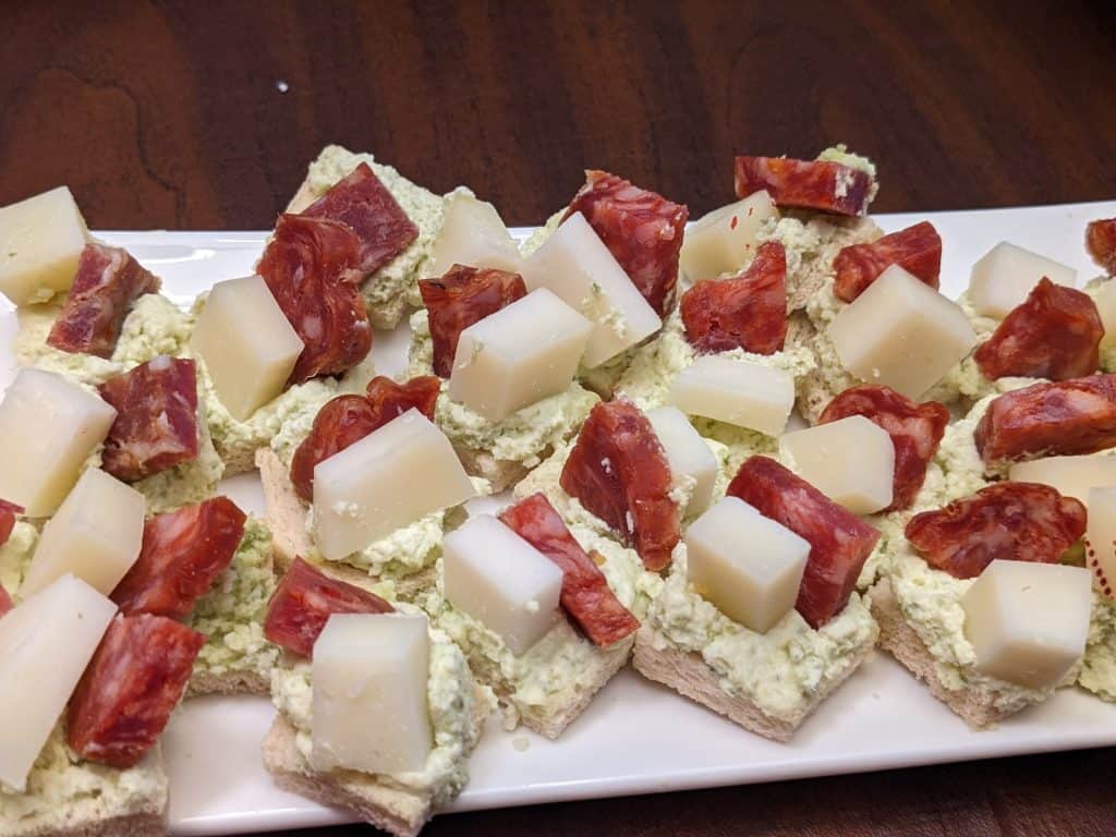 Sopressata and Manchego Canapes with Whipped Pesto Dip