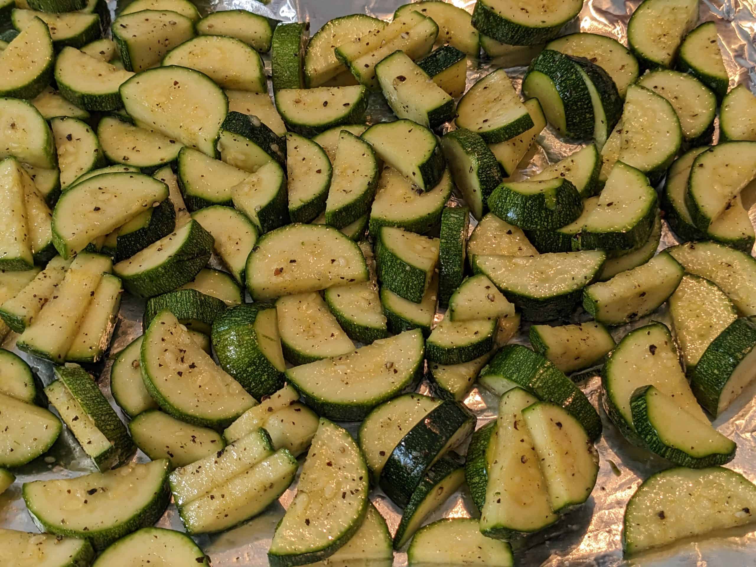 Easy Roasted Zucchini on rimmed baking sheet - finished