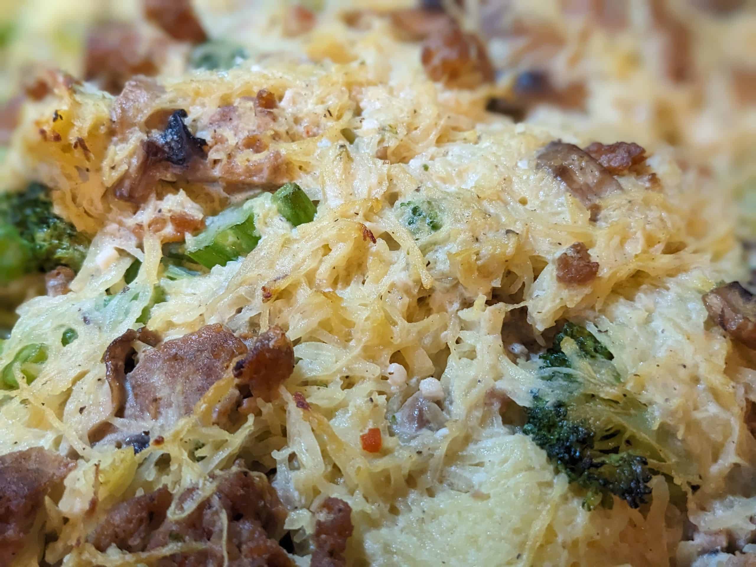 Creamy Garlic, Broccoli, and Mushroom Spaghetti Squash - finished and close-up