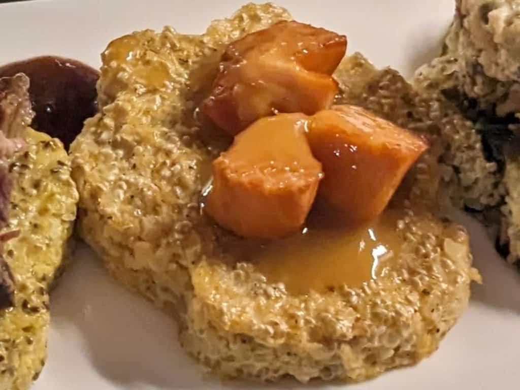 Honey Mustard Salmon Bites on a Cheddar Creole Cauliflower Chia Cake
