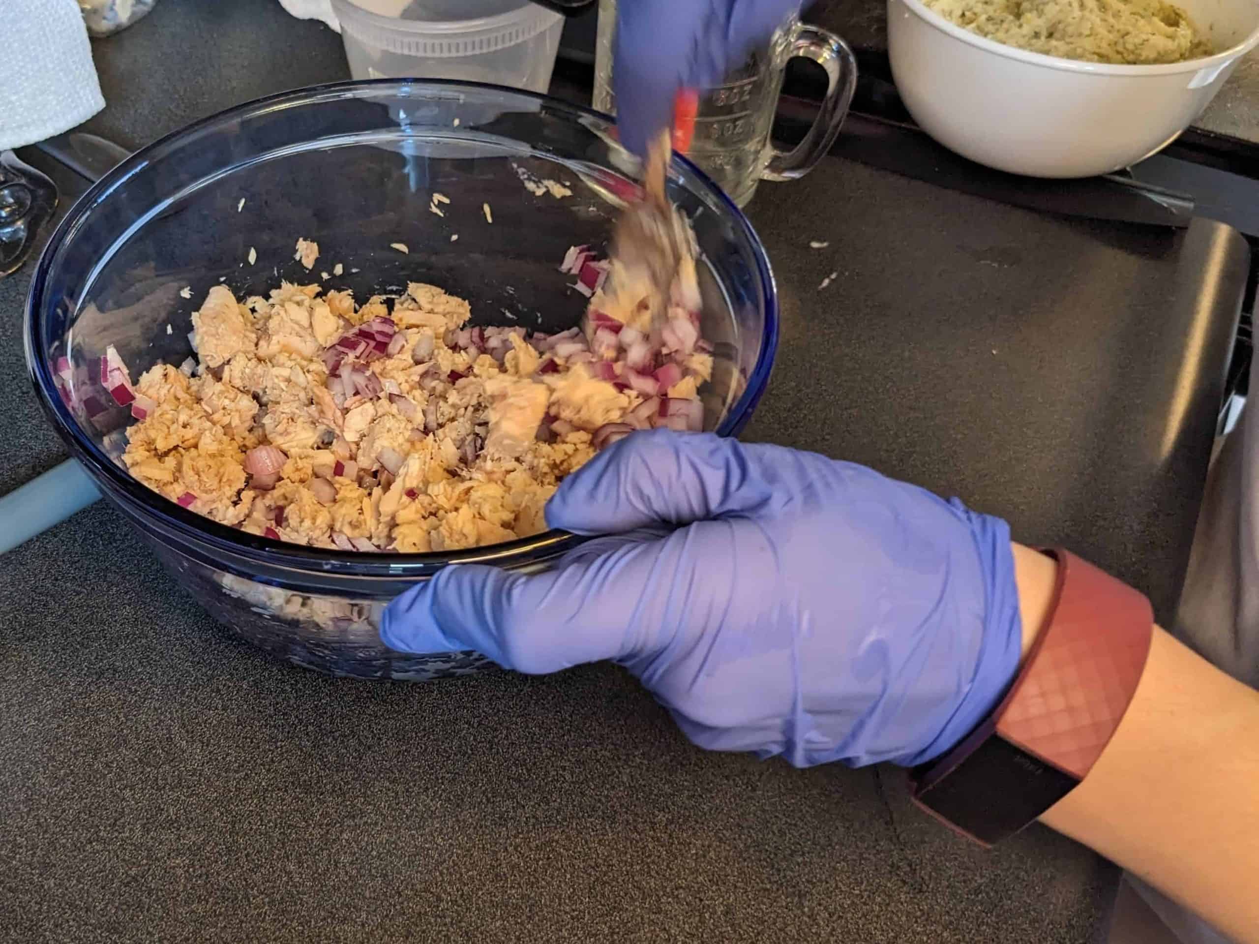 Mixing salmon and diced red onion in bowl