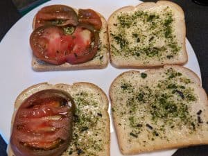 Keto toast with mayo, furikake, and a tomato slice