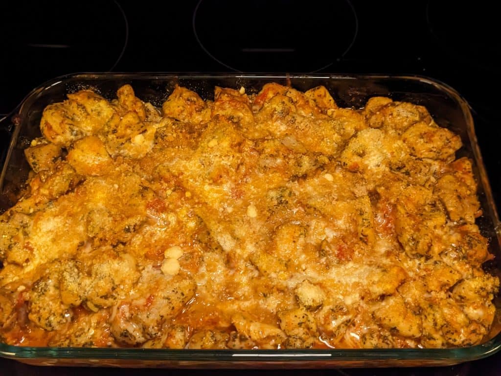 Chicken Parmesan Casserole Baked and whole in casserole dish