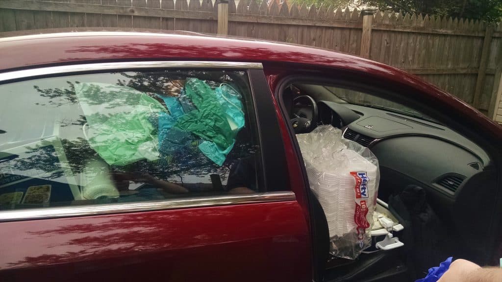 Car filled with party supplies