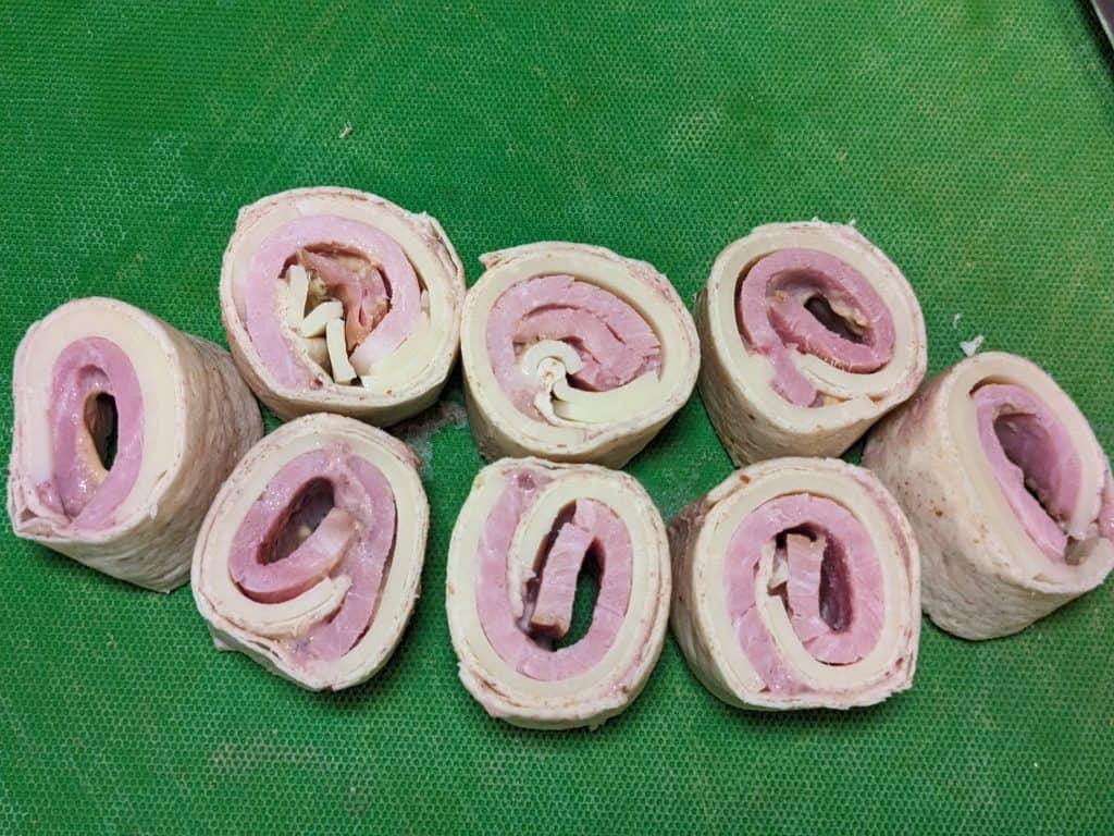 Sliced rounds of Jammy Ham and Cheese Low Carb Roll-ups