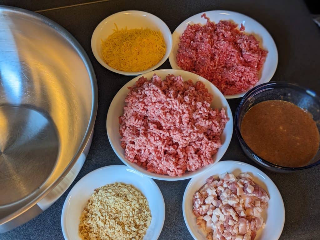 Ingredient assembly station for Bacon Cheddar Meatloaf