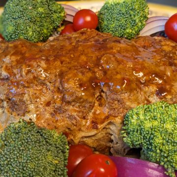 Bacon Cheddar Meatloaf finished on a platter