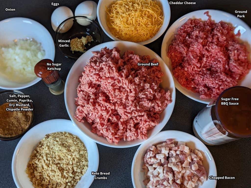 Ingredients for Bacon Cheddar Meatloaf - labeled