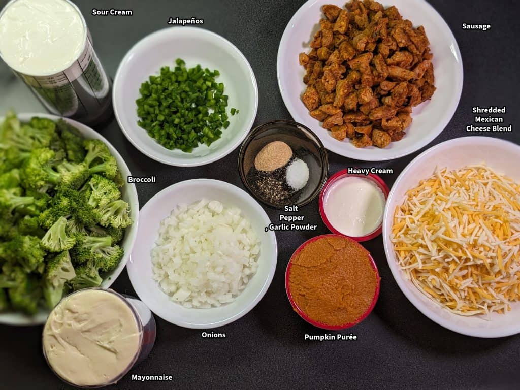 Labeled Ingredients for Broccoli Pumpkin Queso Casserole