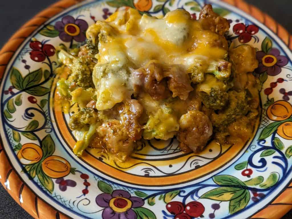 Broccoli Pumpkin Queso Casserole - Baked and Plated angled shot