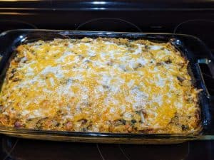 Ham Mushroom and Spaghetti Squash Casserole after adding shredded cheese on top