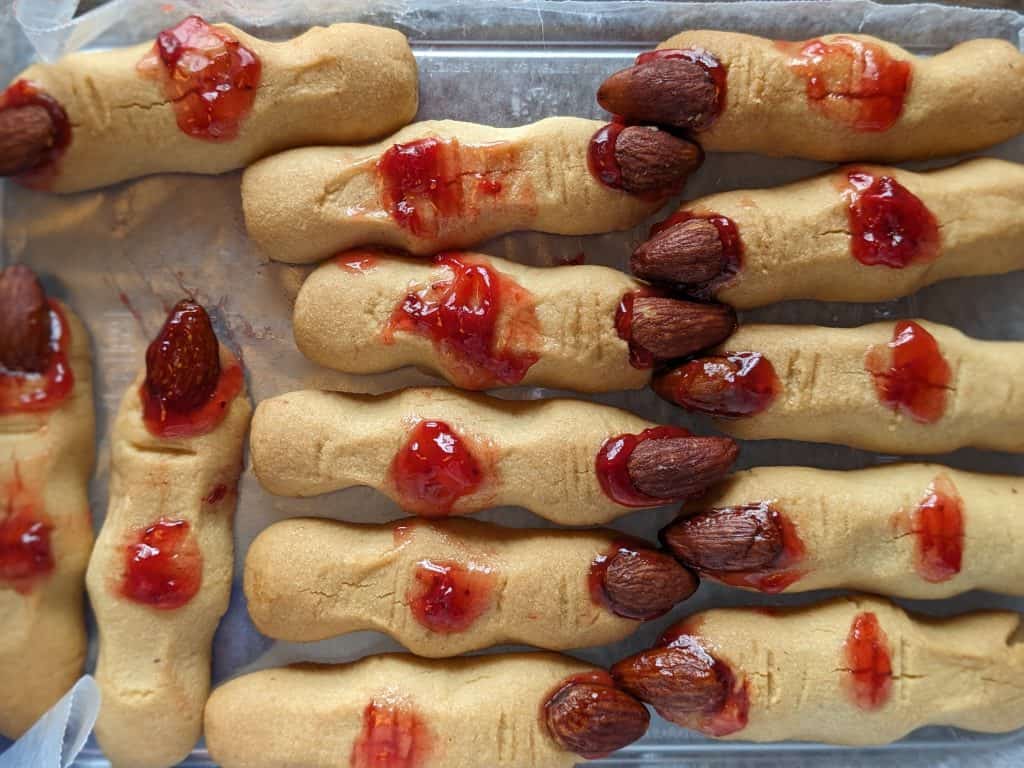Keto Witch Finger Cookies decorated and in storage container