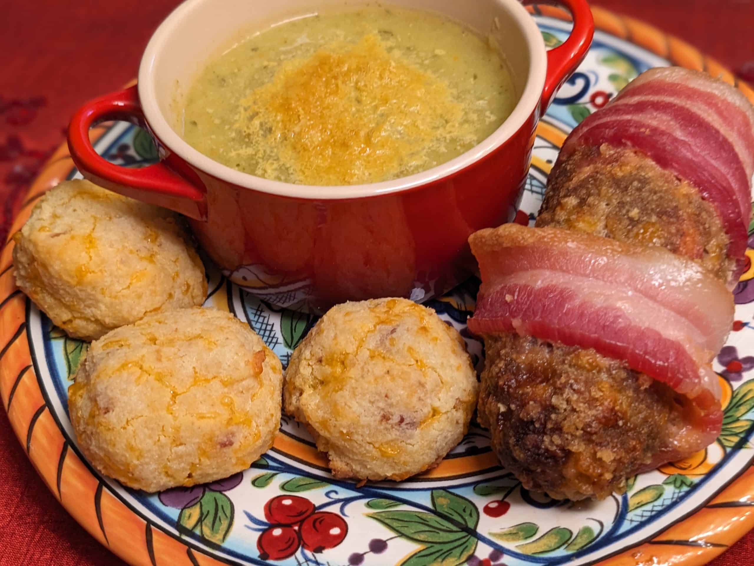 Fall Kickoff Dinner Party plate filled with Personal-Size Low Carb Bacon Cheddar Meatloaf, Bacon Cheddar Biscuits, and Leek and Cauliflower Soup