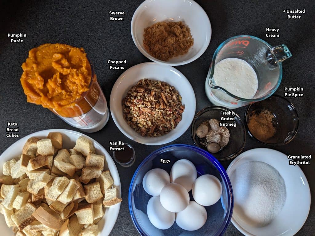 Ingredients for Low Carb Pumpkin Bread Pudding with labels