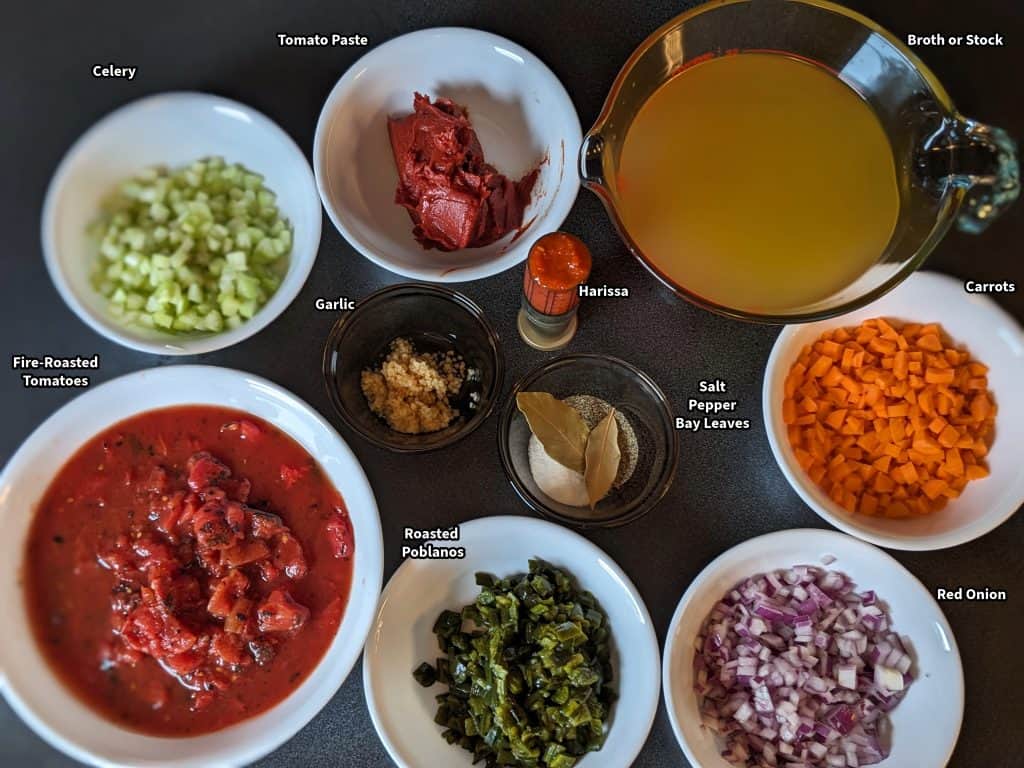 Labeled ingredients for Roasted Tomato Poblano Soup