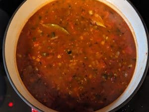 Roasted Tomato Poblano Soup in Dutch Oven before being blended