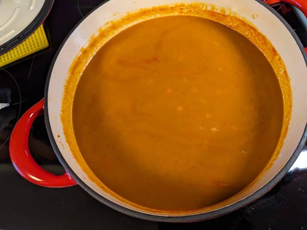Savory Pumpkin Soup in Dutch oven before blending