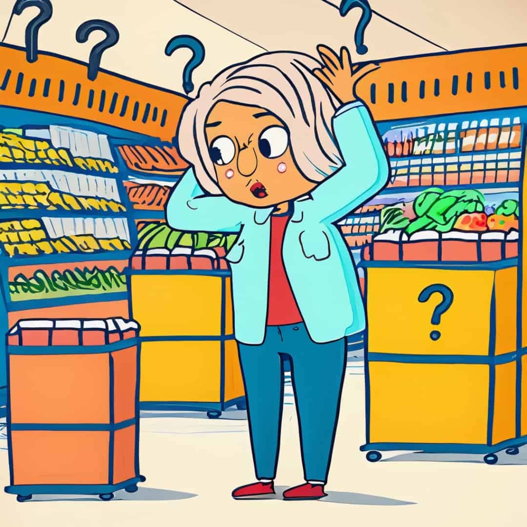 Woman standing in grocery aisle looking confused and overwhelmed with question marks over her head