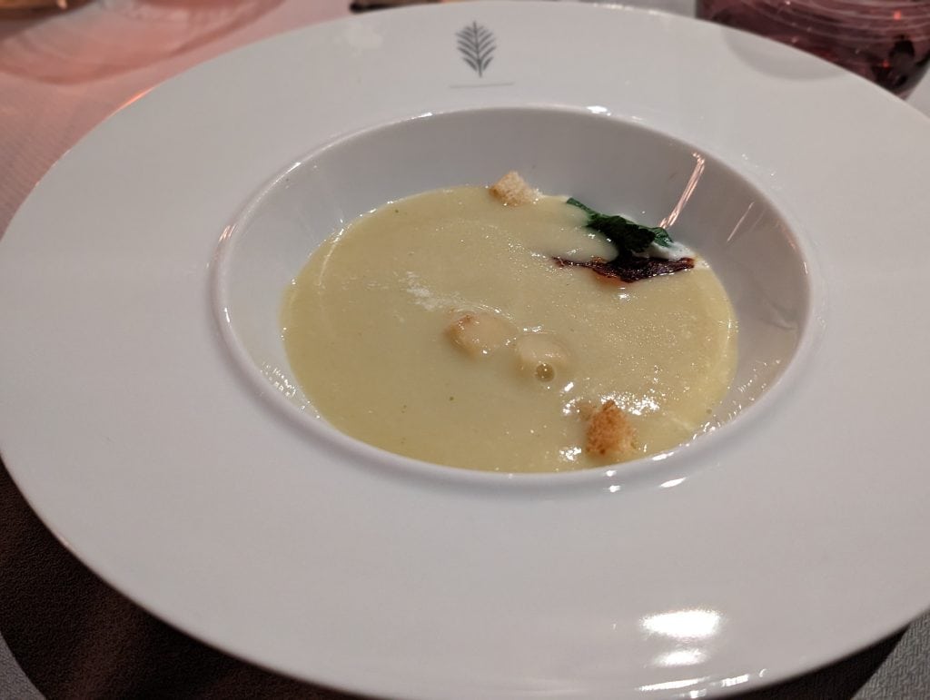 Jerusalem Artichoke Soup with Prosciutto, Trumpet Mushrooms, Mascarpone, and Sourdough Crouton