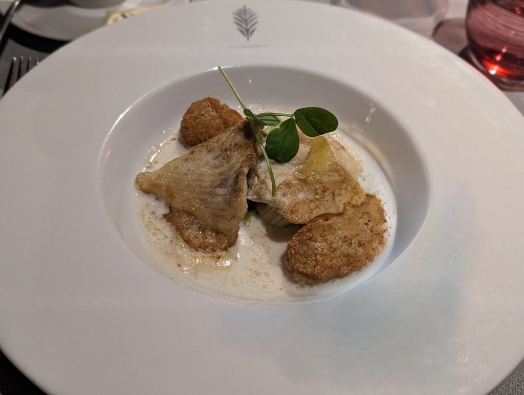 Roasted Turbot with Fennel Croquette Pernod Velouté Leeks