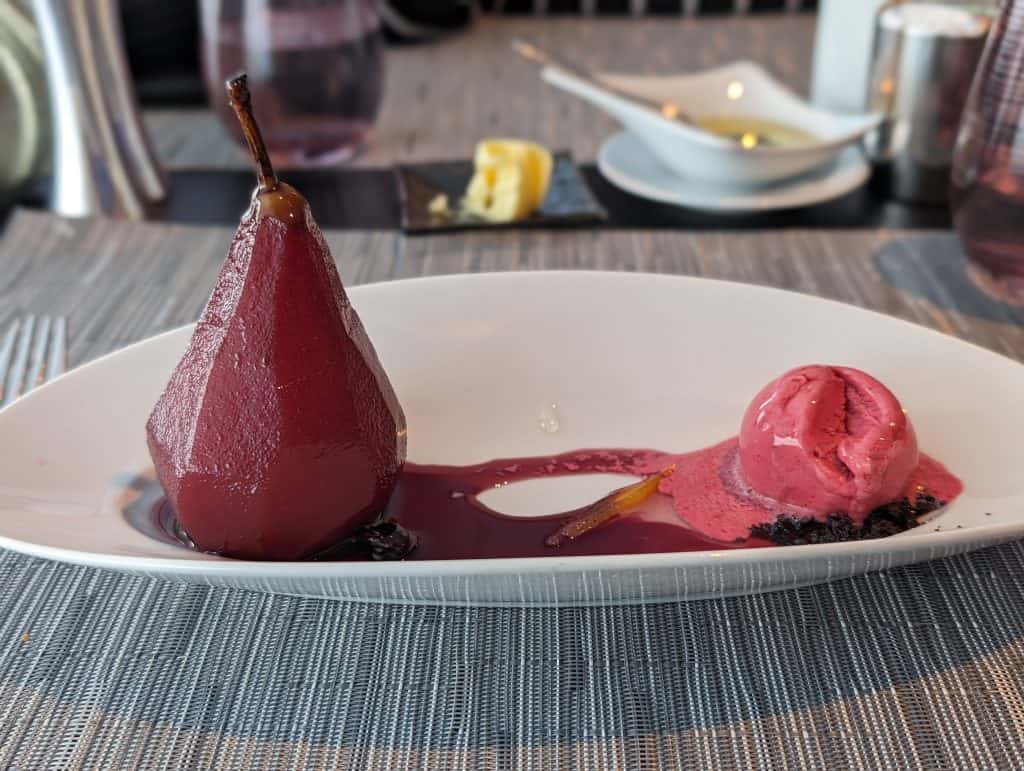 Red Wine Poached Pear with Cassis Sorbet