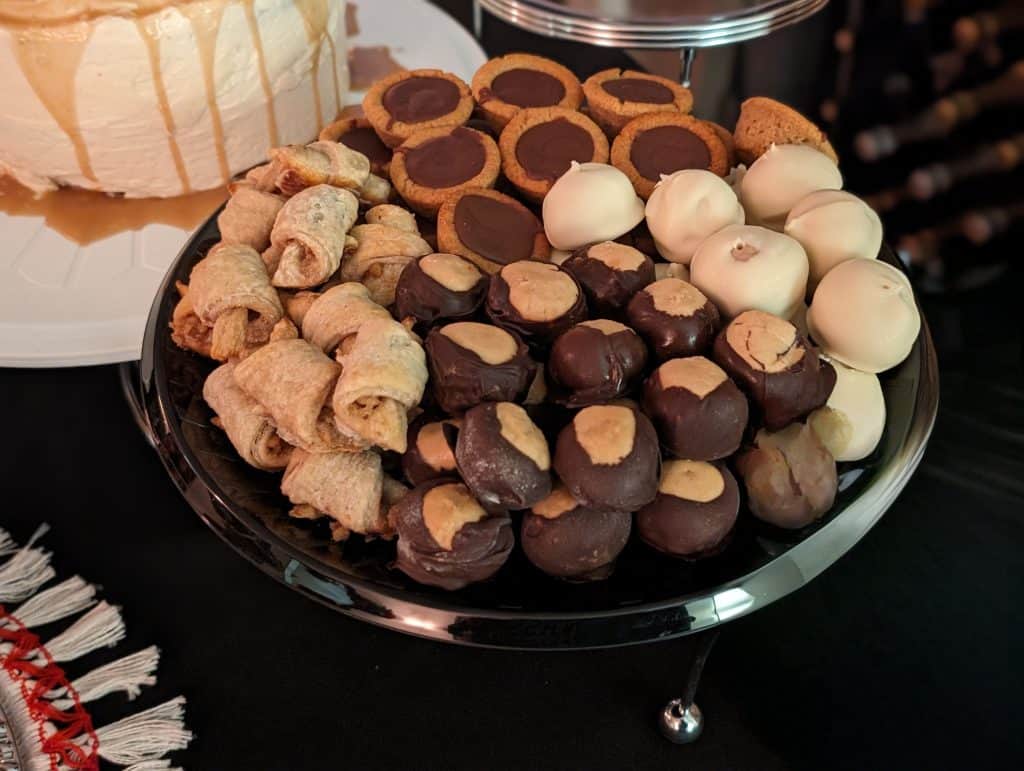 Cookie Tray Containing: Keto Butter Horns, Keto Peanut Butter Cookie Cups, Keto Butterball Cookie Pops, and Keto Buckeyes