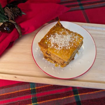 A slice of Pumpkin Sage Low Carb Lasagna on a plate from above