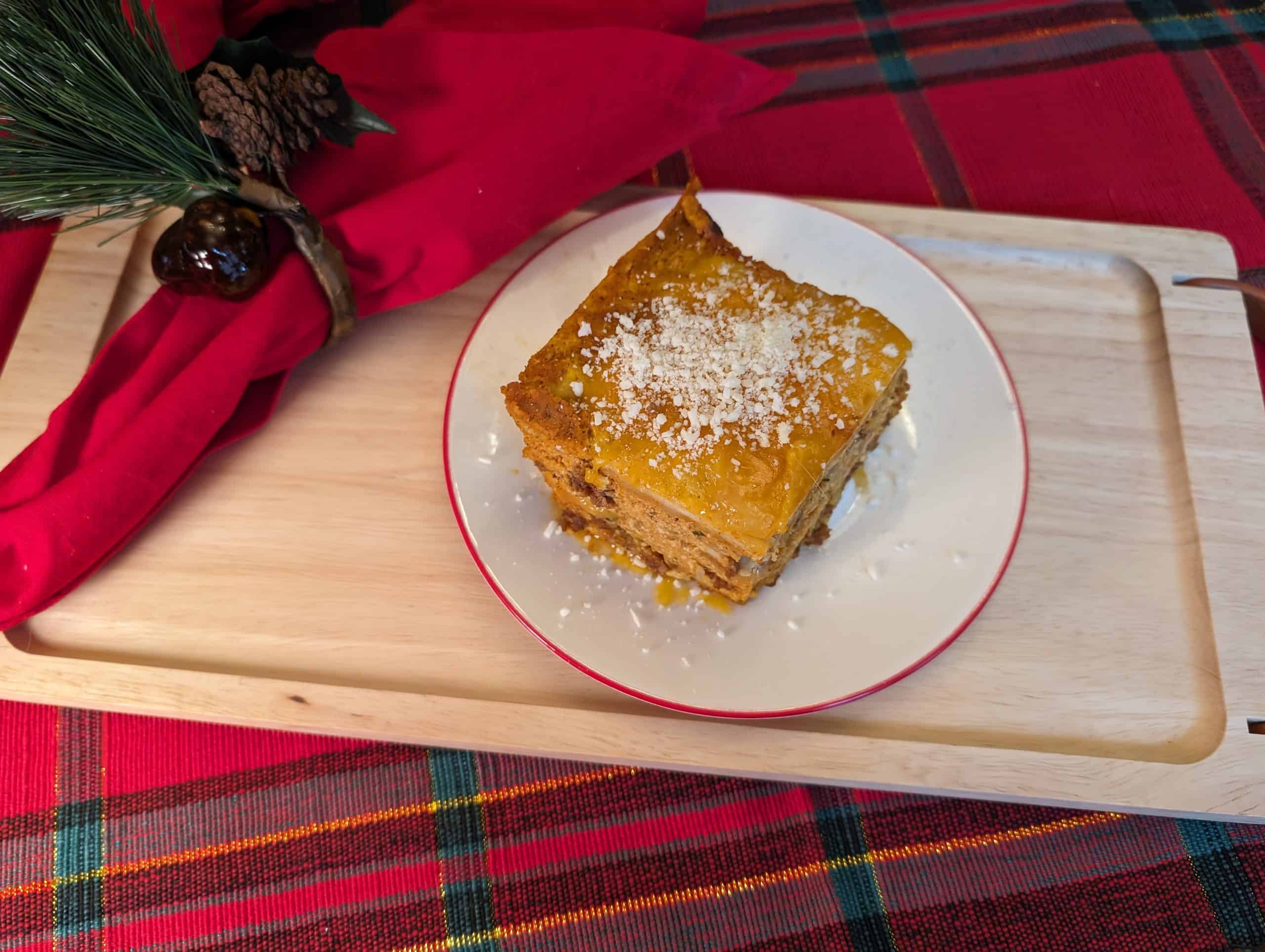 A slice of Pumpkin Sage Low Carb Lasagna on a plate from above