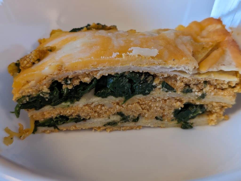 Slice of the Vegetarian Version of Pumpkin Sage Low Carb Lasagna from the side