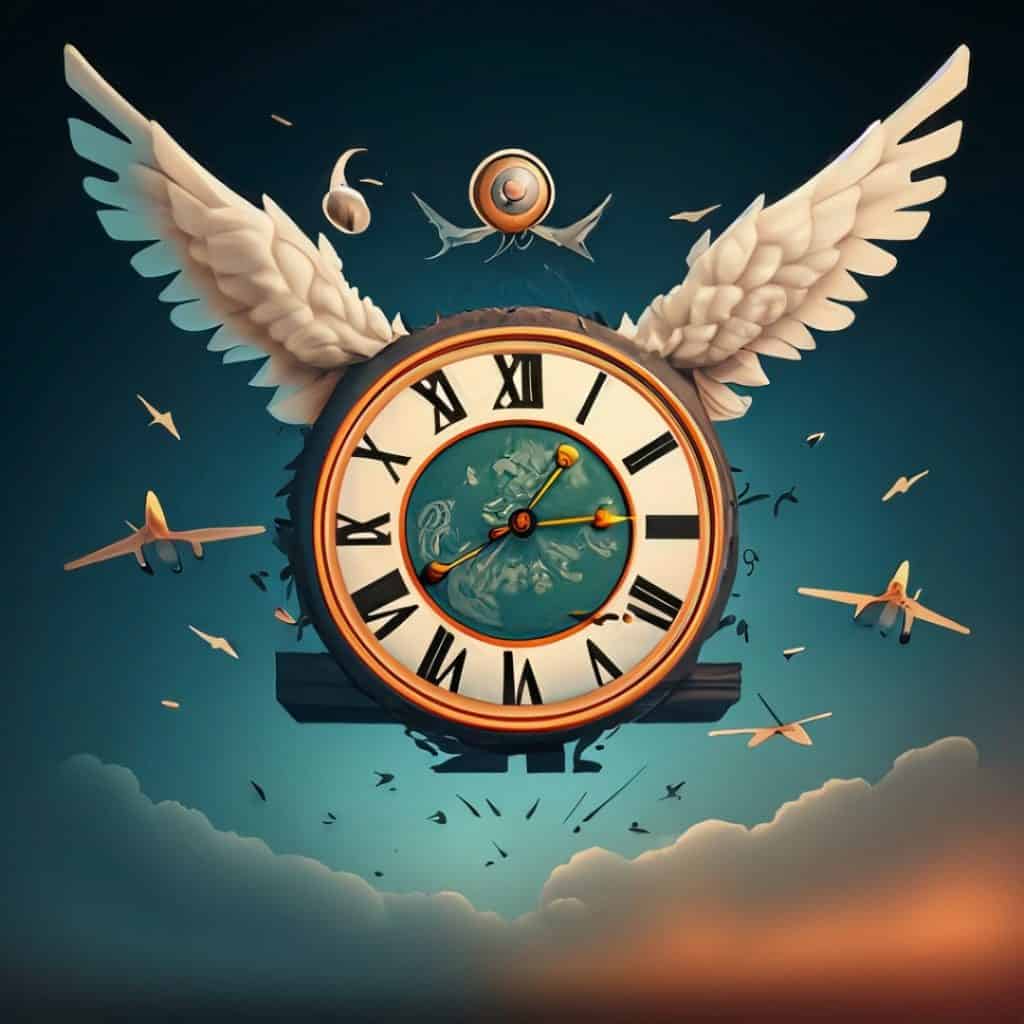 A clock with wings flying
