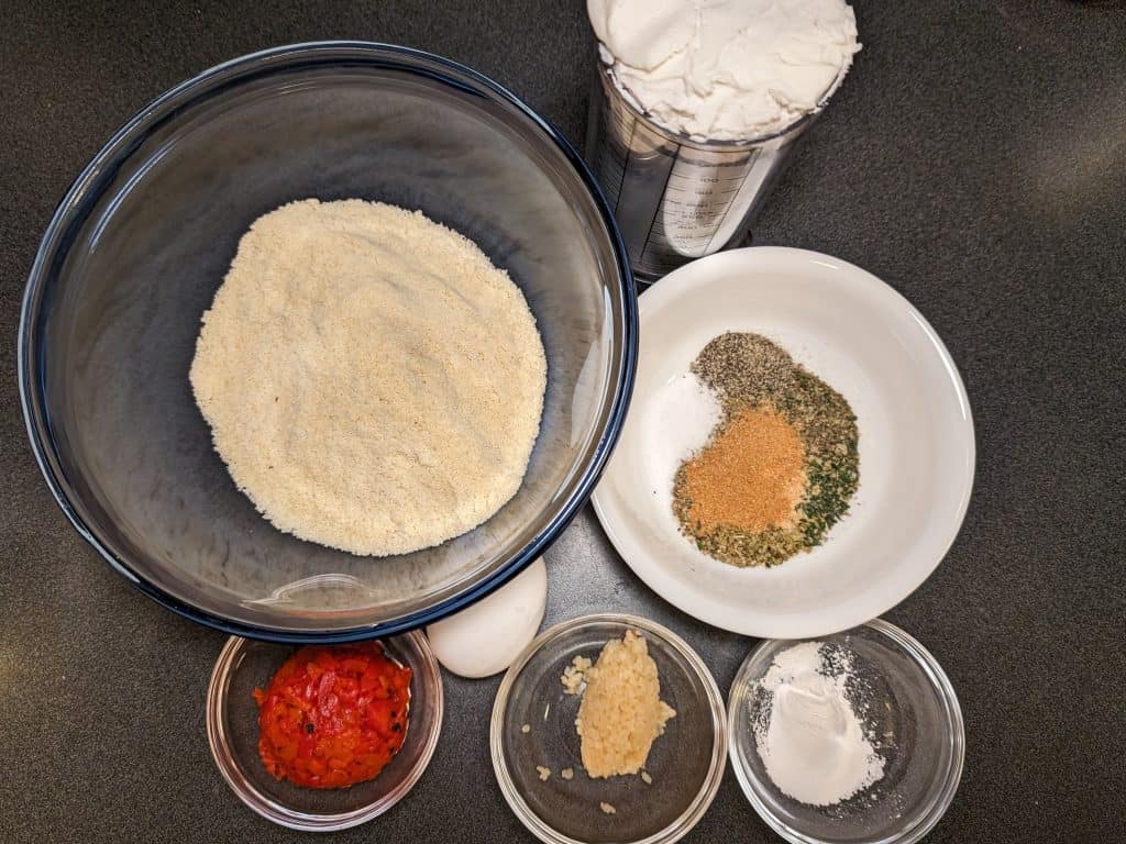 Ingredients for Garlic and Roasted Red Pepper Scones - Dairy Free version which includes Plant-based Spread (a.k.a. vegan cream cheese)