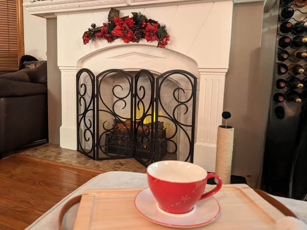 Healthy and Chill Dinner Party Feature - Coffee Cup on Saucer in front of a cozy fireplace