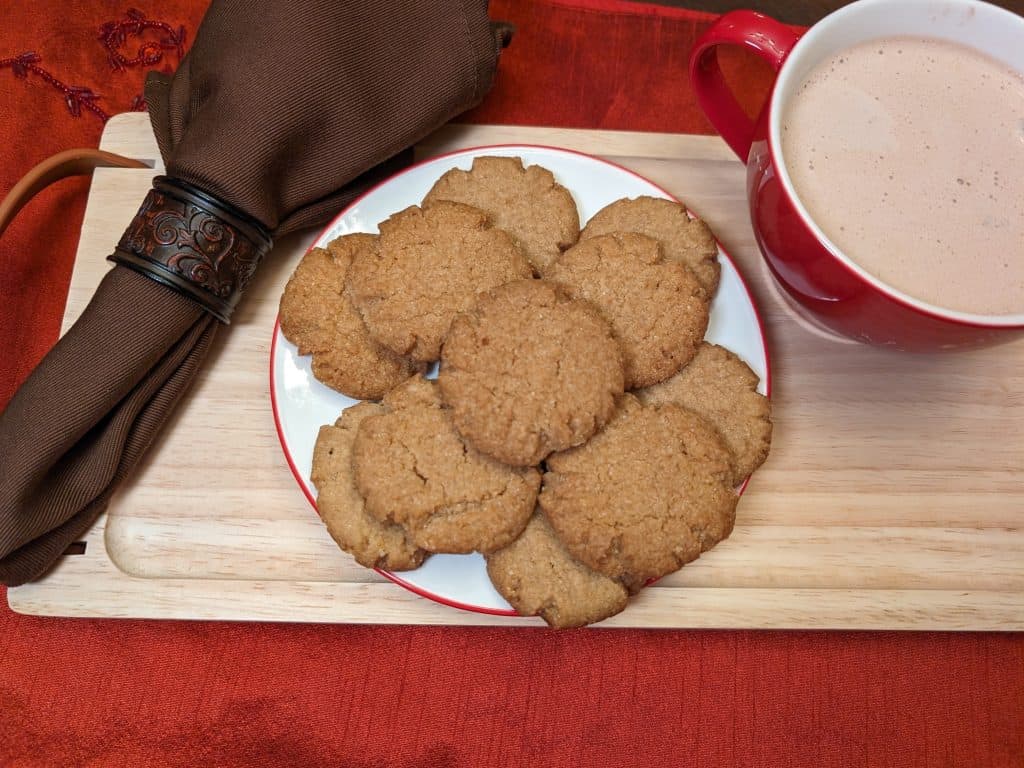 Keto Peanut Butter Cookies Dairy Free plated next to a mug of Keto Hot Chocolate