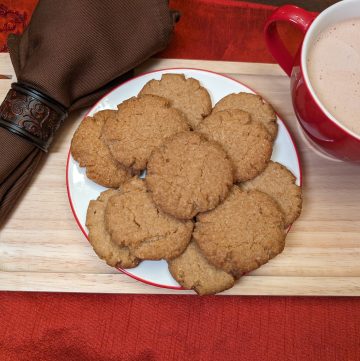 Keto Peanut Butter Cookies Dairy Free plated next to a mug of Keto Hot Chocolate