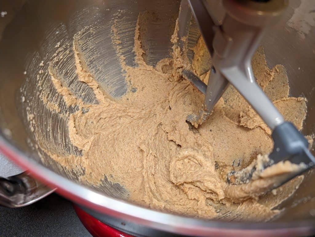 Mixing the wet ingredients in a stand mixer for Keto Snickerdoodles