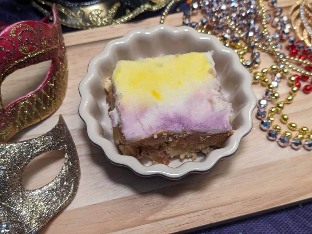 King Cake Earthquake Cake plated close-up