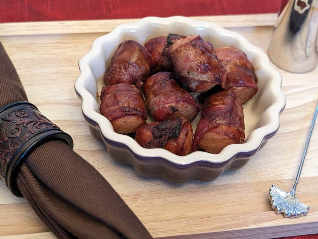 Bacon-Wrapped Low Carb BBQ Hot Dog Bites - plated close-up