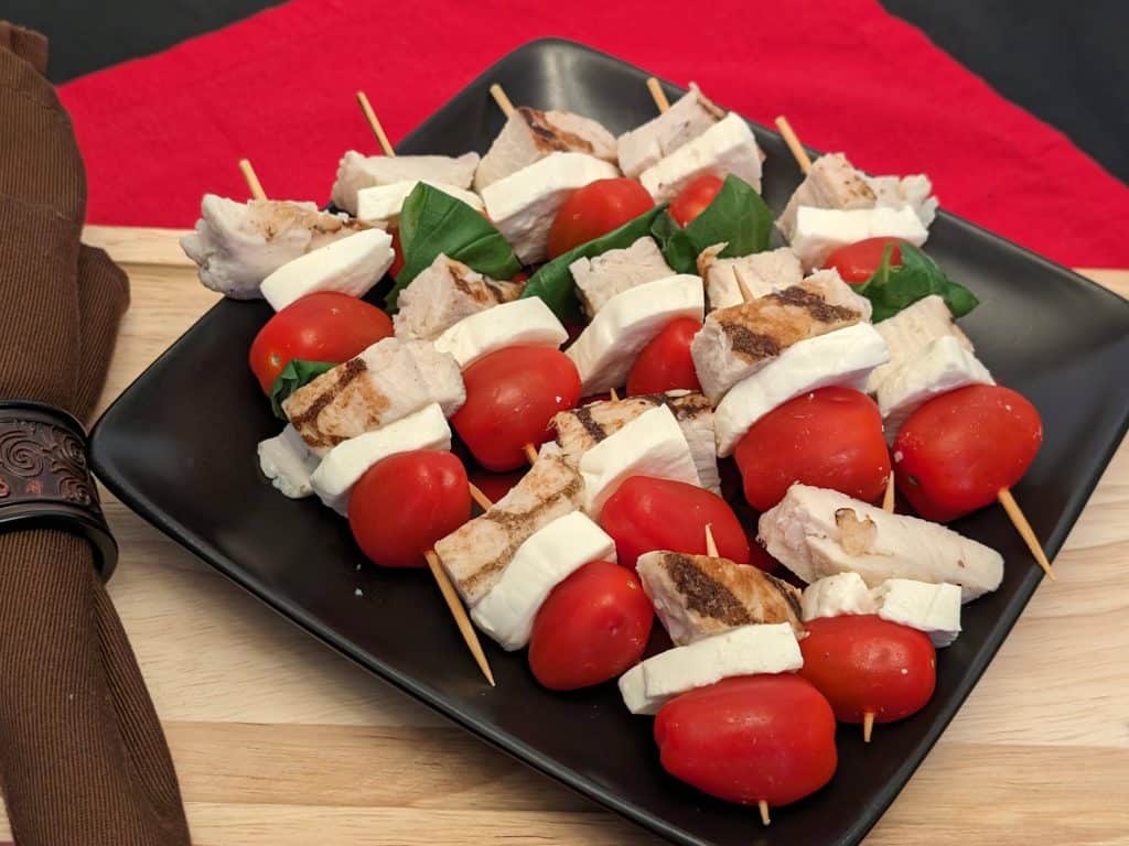 Chicken Caprese Skewers plated close-up