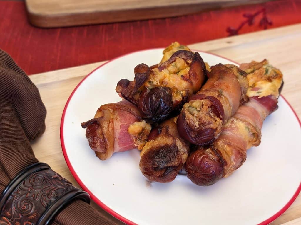 Bacon-Wrapped Stuffed Hot Dogs - plated