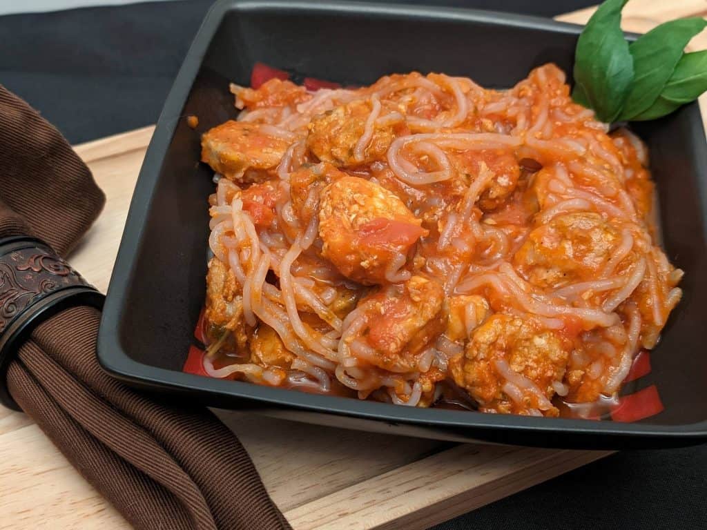 Sausage and Shirataki Noodles Plated close-up