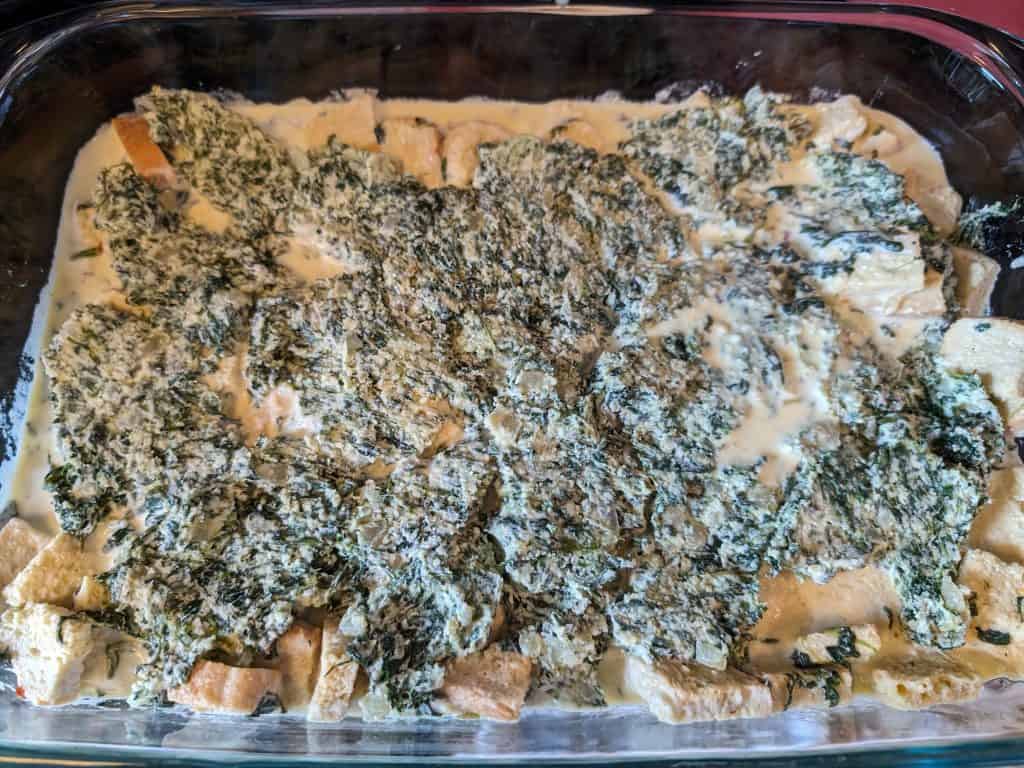 Cheesy middle layer in pan for Keto Florentine Breakfast Strata